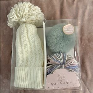 Cream Knit Beanie with Interchangeable Pom-Poms